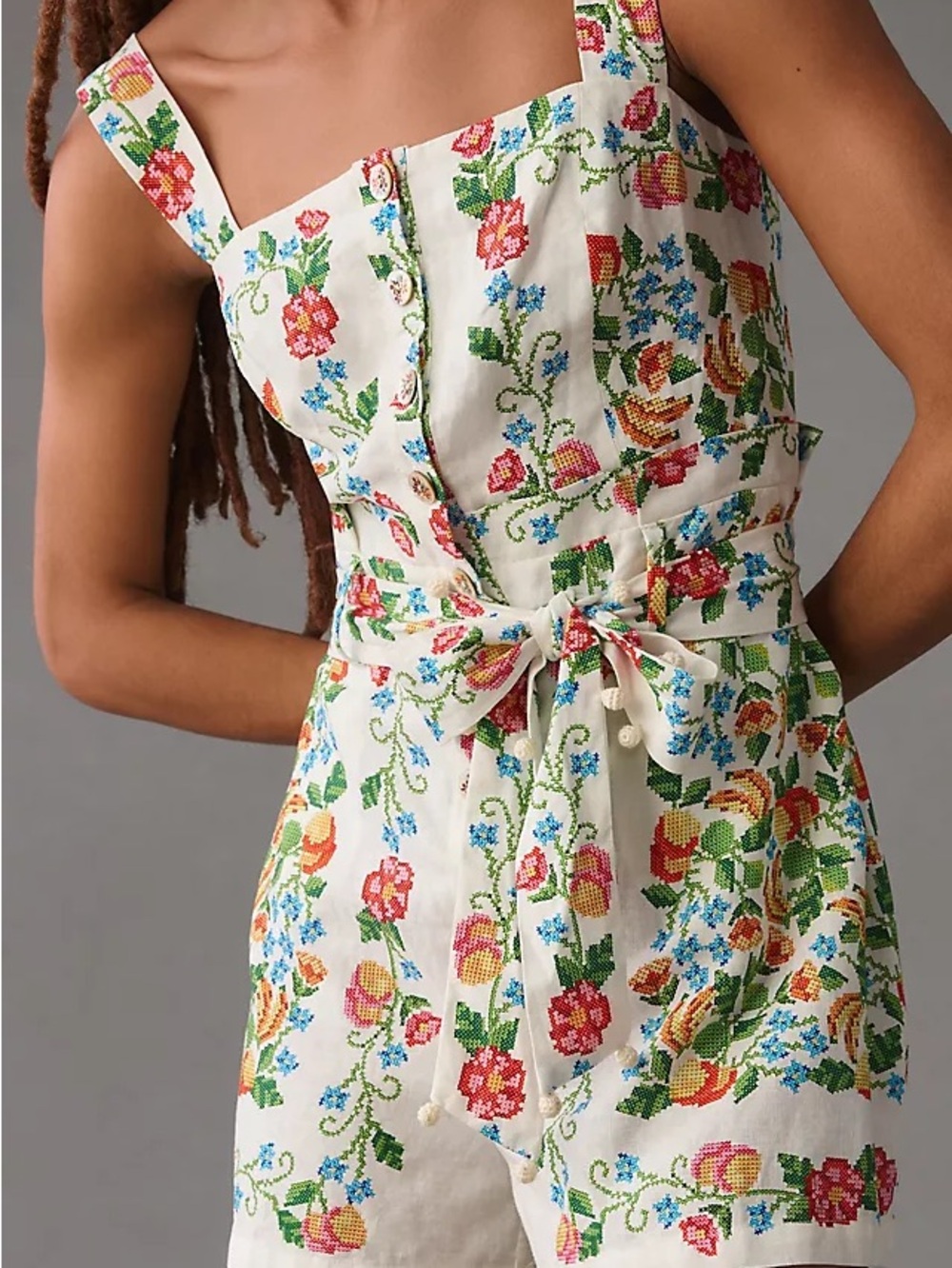 FARM Rio Cream Romper with Multicolor Floral Linen Viscose Blend  Size L